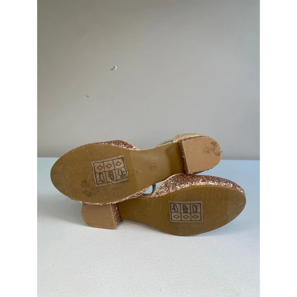 Kelly & Katie Girls Rose Gold Glitter Block Heel Dress Shoes Size 2 Ankle Strap
